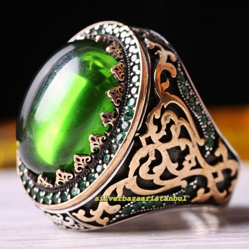 Handmade 925 Sterling Silver Heavy Big Emerald Stone Mens Ring silverbazaaristanbul 