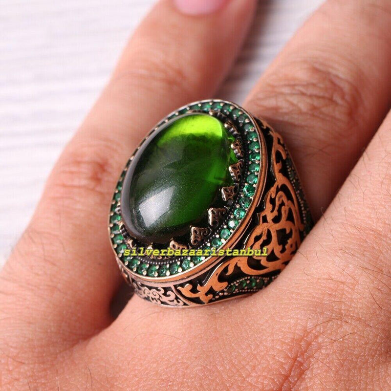 Handmade 925 Sterling Silver Heavy Big Emerald Stone Mens Ring silverbazaaristanbul 