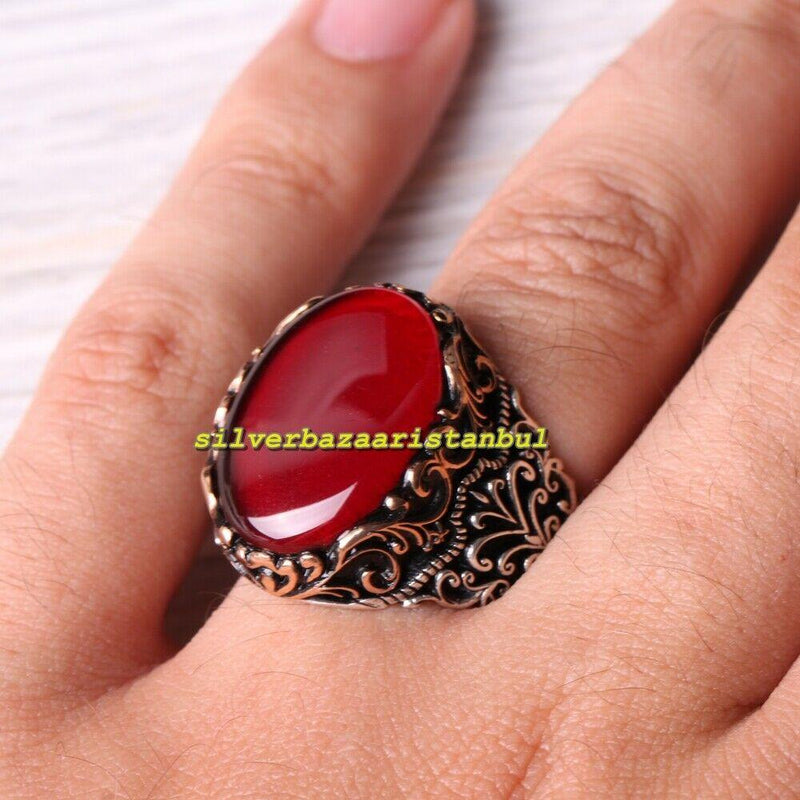 Handmade 925 Sterling Silver Red Agate Aqeeq Stone Mens Ring silverbazaaristanbul 