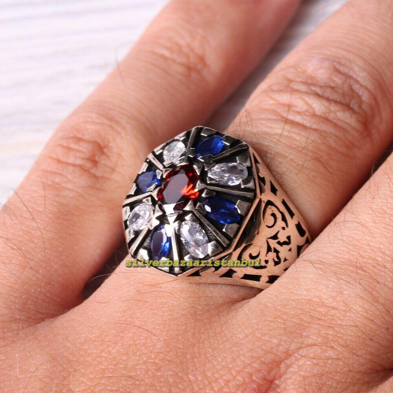 Handmade 925 Sterling Silver Round Multi Stone Mens Ring silverbazaaristanbul 