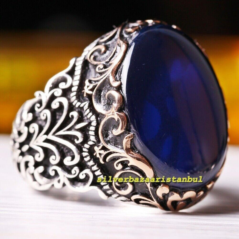 Handmade 925 Sterling Silver Sapphire Stone Mens Ring silverbazaaristanbul 