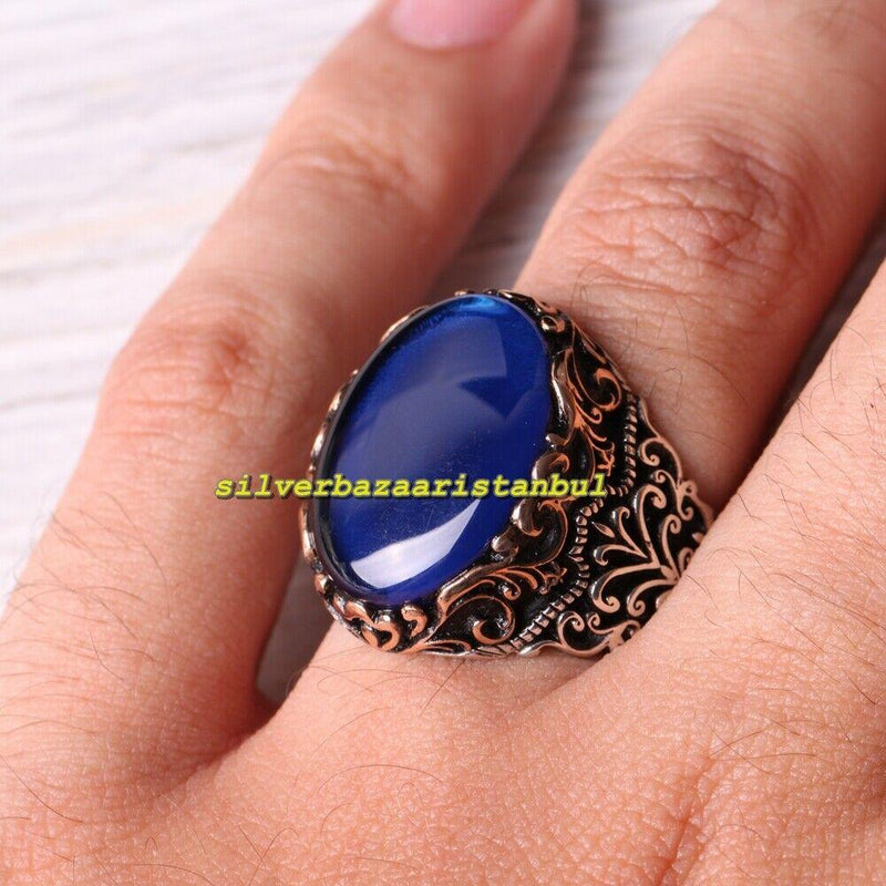 Handmade 925 Sterling Silver Sapphire Stone Mens Ring silverbazaaristanbul 