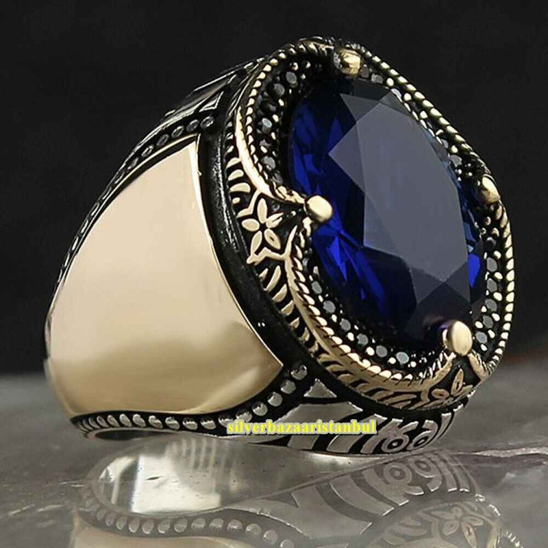 High Quality Sapphire Handmade 925 Sterling Silver Mens Ring silverbazaaristanbul 