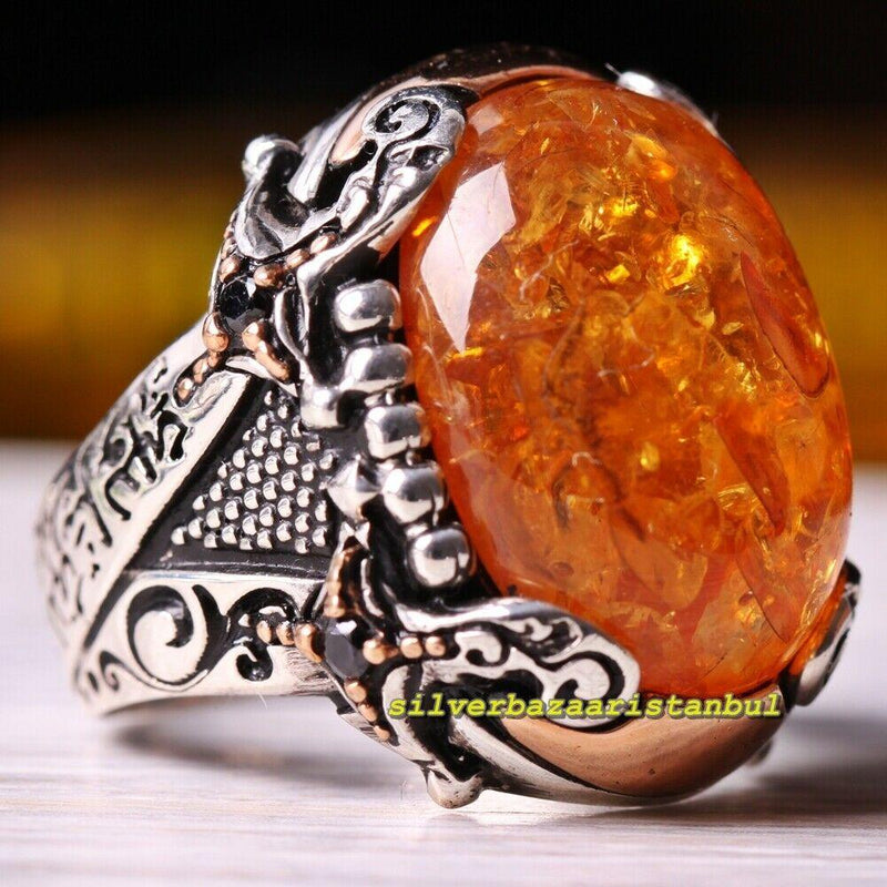 Islamic Natural Yellow Amber Stone 925 Sterling Silver Mens Ring silverbazaaristanbul 