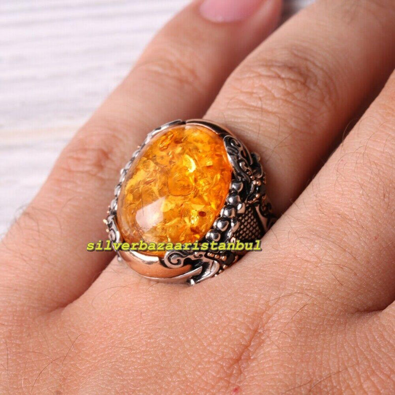 Islamic Natural Yellow Amber Stone 925 Sterling Silver Mens Ring silverbazaaristanbul 