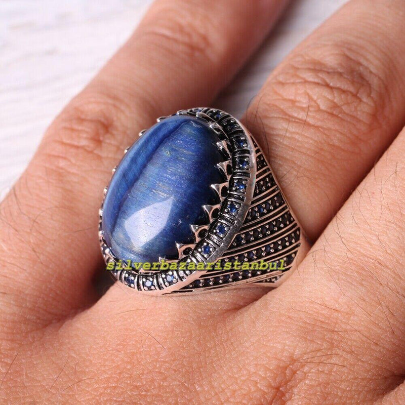 Labradorite and Sapphire Stone 925 Sterling Silver Mens Ring silverbazaaristanbul 