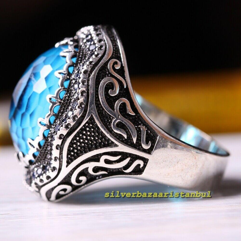 Luxury Aquamarine and Sapphire Stone 925 Sterling Silver Mens Ring silverbazaaristanbul 