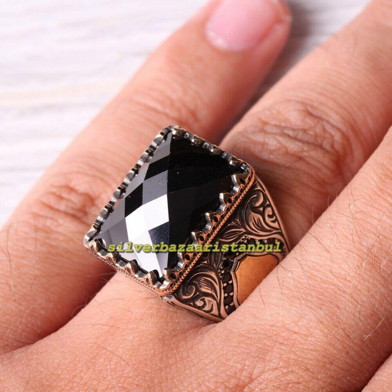 Luxury Black Faceted Onyx Stone Turkish 925 Sterling Silver Mens Ring silverbazaaristanbul 