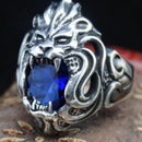 Luxury Lion Design 925 Silver Sapphire Stone Mens Ring silverbazaaristanbul 