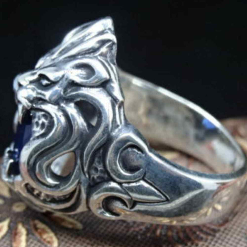 Luxury Lion Design 925 Silver Sapphire Stone Mens Ring silverbazaaristanbul 