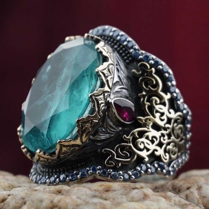 Multi Stone Luxury Green Tourmaline Stone 925 Silver Mens Ring silverbazaaristanbul 