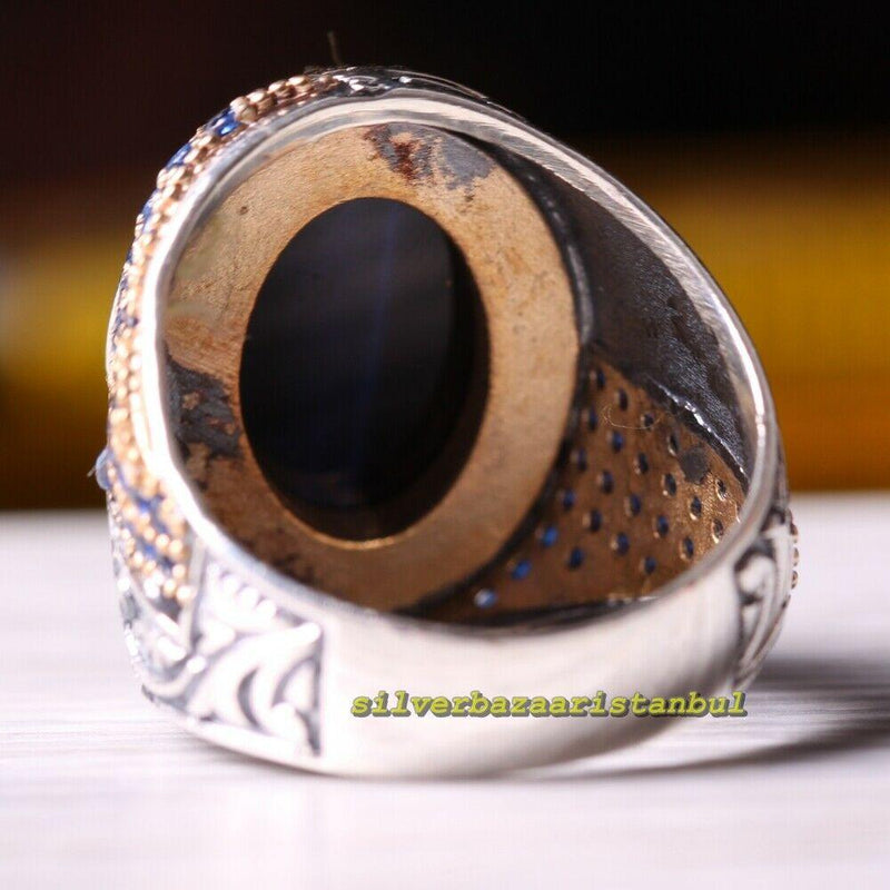 Natural Blue Tigers Eye and Sapphire 925 Sterling Silver Mens Ring silverbazaaristanbul 