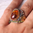 Natural Fossil Amber and Citrine Stone 925 Sterling Silver Mens Ring silverbazaaristanbul 