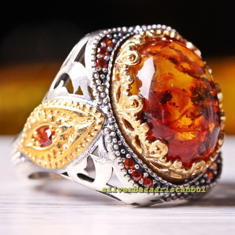 Natural Fossil Amber and Citrine Stone 925 Sterling Silver Mens Ring silverbazaaristanbul 