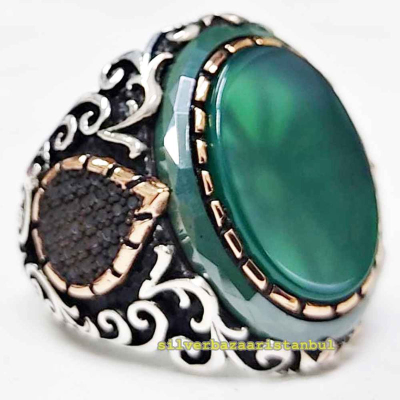 Noble Green Emerald Stone 925 Sterling Silver Luxury Mens Ring silverbazaaristanbul 