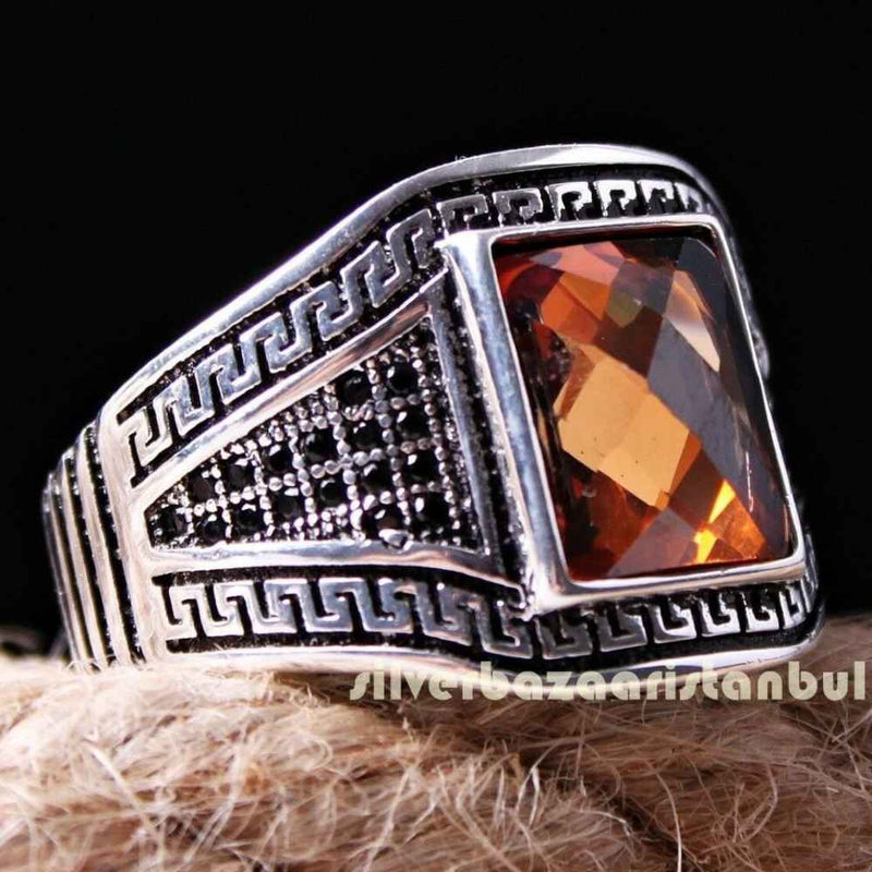 Orange Citrine Stone Lux 925 Silver Handmade Mens Mans Ring silverbazaaristanbul 