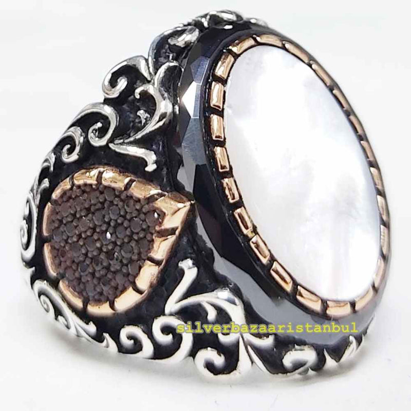 Original White Pearl Stone Elegant 925 Sterling Silver Mens Ring silverbazaaristanbul 