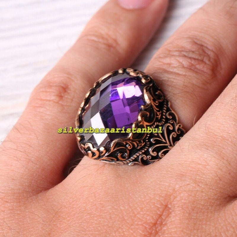 Purple Amethyst Stone 925 Sterling Silver Mens Ring silverbazaaristanbul 