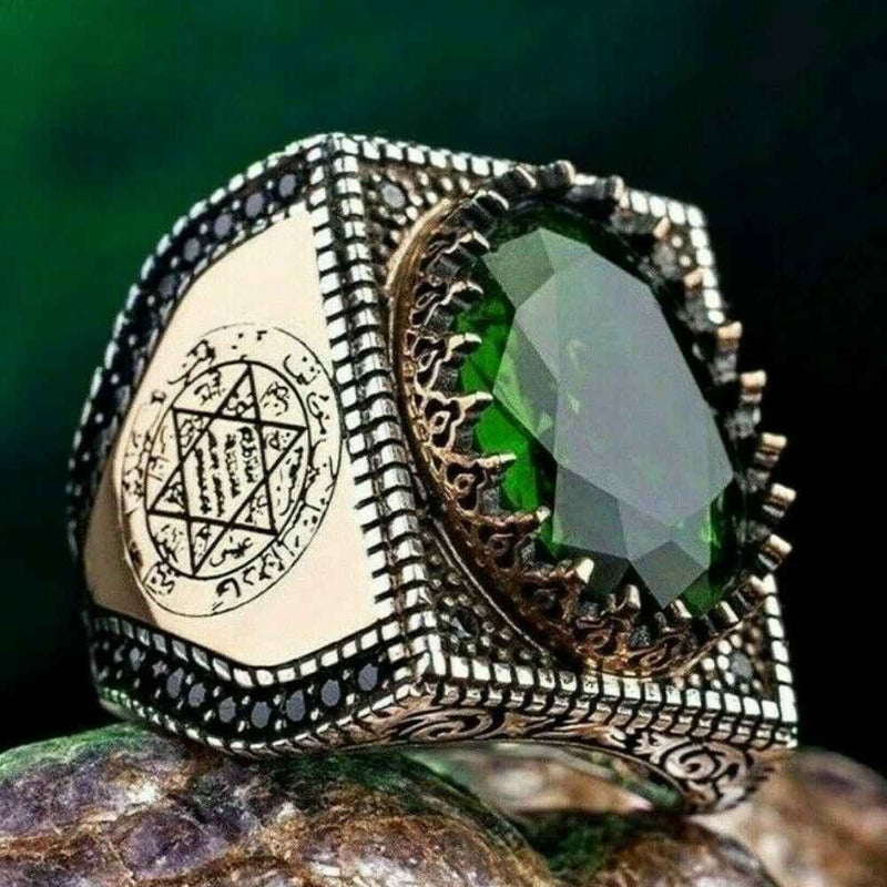 Seal of Solomon Heavy Emerald 925 Sterling Silver Islamic Mens Ring silverbazaaristanbul 