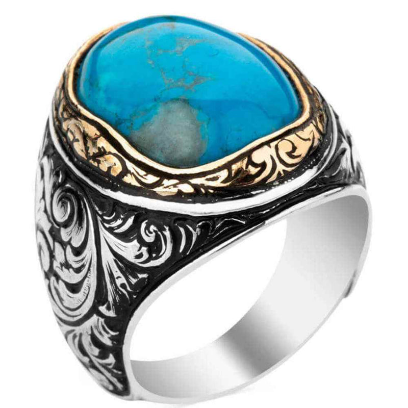 Simple 925 Sterling Silver Luxury Turquoise Stone Mens Ring silverbazaaristanbul 