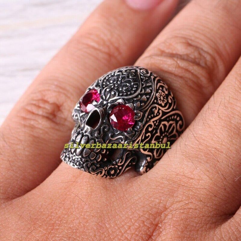 Skull Gothic Ruby Stone Luxury 925 Sterling Silver Mens Ring silverbazaaristanbul 