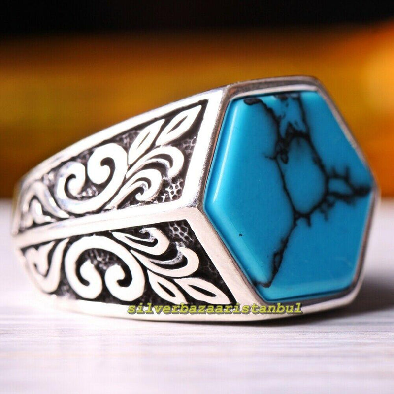 Special Hexagon Turquoise Stone 925 Sterling Silver Mens Ring silverbazaaristanbul 