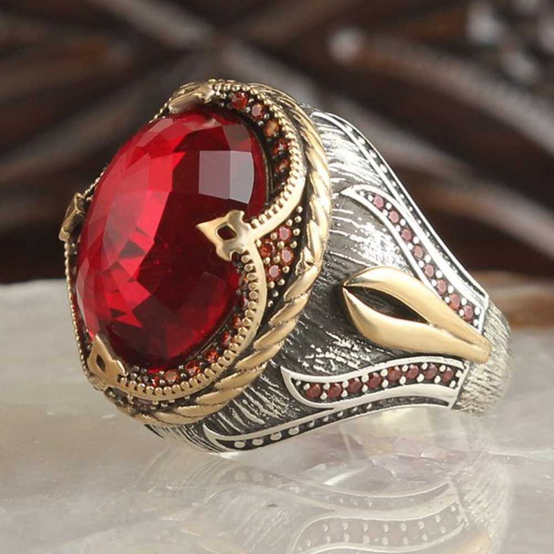 Tulip Design 925 Sterling Silver Ruby Stone Mens Ring silverbazaaristanbul 