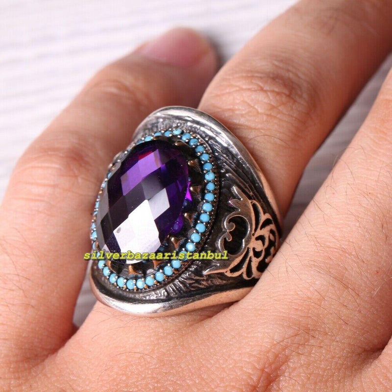 Turkish 925 Sterling Silver Amethyst and Turquoise Stone Mens Ring silverbazaaristanbul 