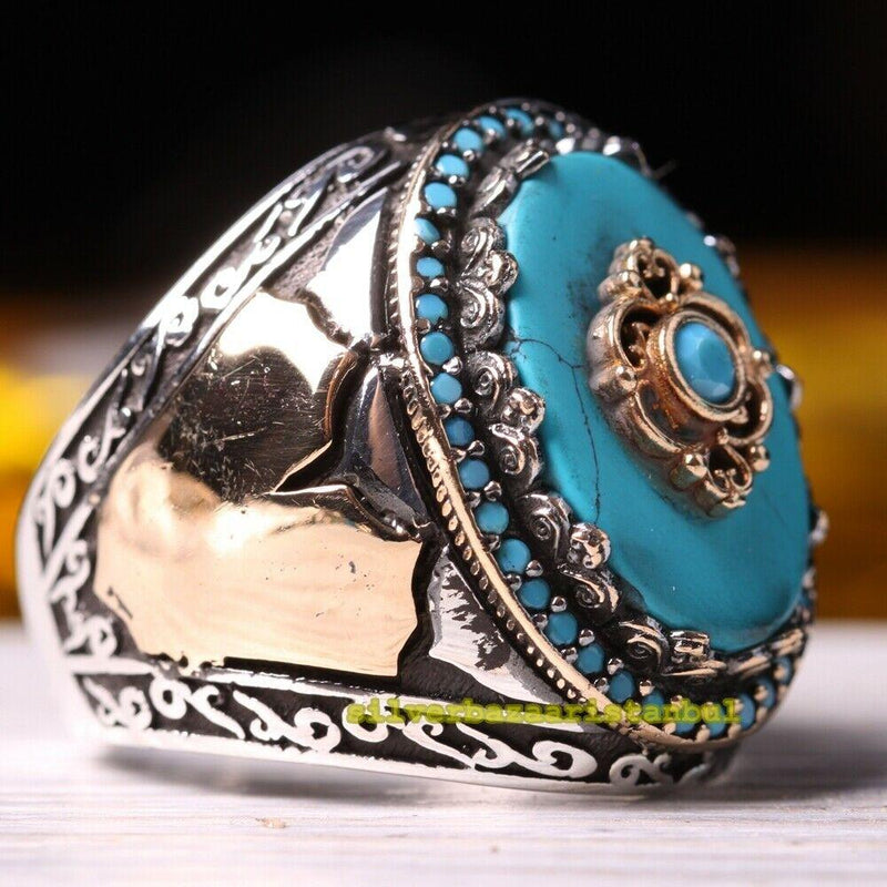 Turkish 925 Sterling Silver Elegant Turquoise Stone Mens Ring silverbazaaristanbul 