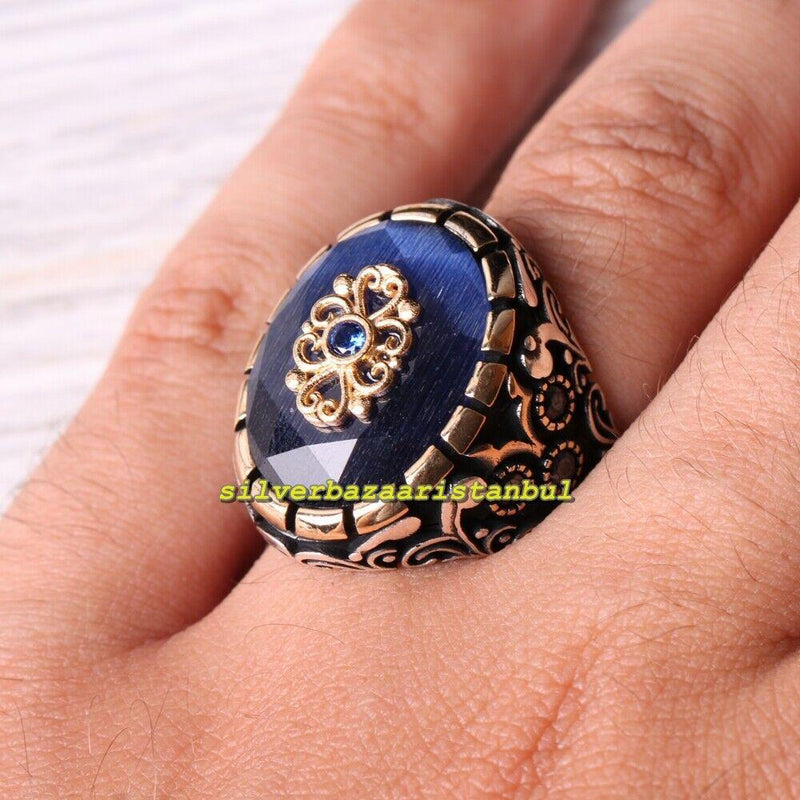 Turkish 925 Sterling Silver Heavy Blue Sapphire Stone Mens Ring silverbazaaristanbul 