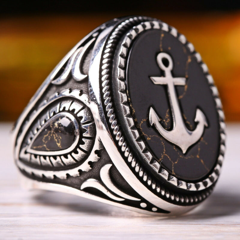 Turkish 925 Sterling Silver Sailor Seaman Anchor Onyx Stone Mens Ring silverbazaaristanbul 