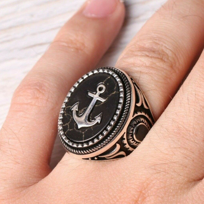 Turkish 925 Sterling Silver Sailor Seaman Anchor Onyx Stone Mens Ring silverbazaaristanbul 