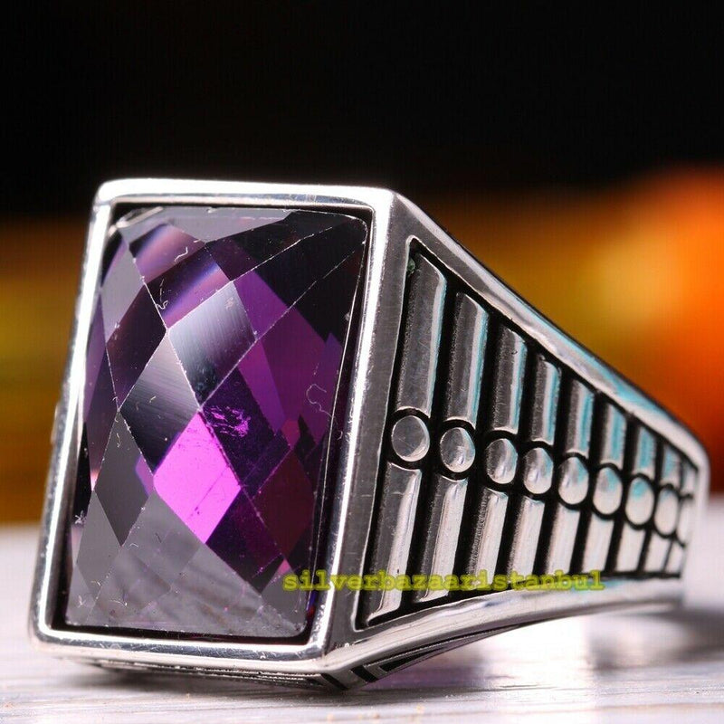 Turkish Handmade 925 Sterling Silver Heavy Amethyst Stone Mens Ring silverbazaaristanbul 