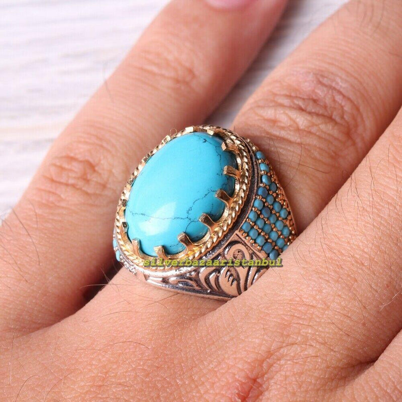 Turkish Handmade 925 Sterling Silver Relief Turquoise Stone Mens Ring silverbazaaristanbul 