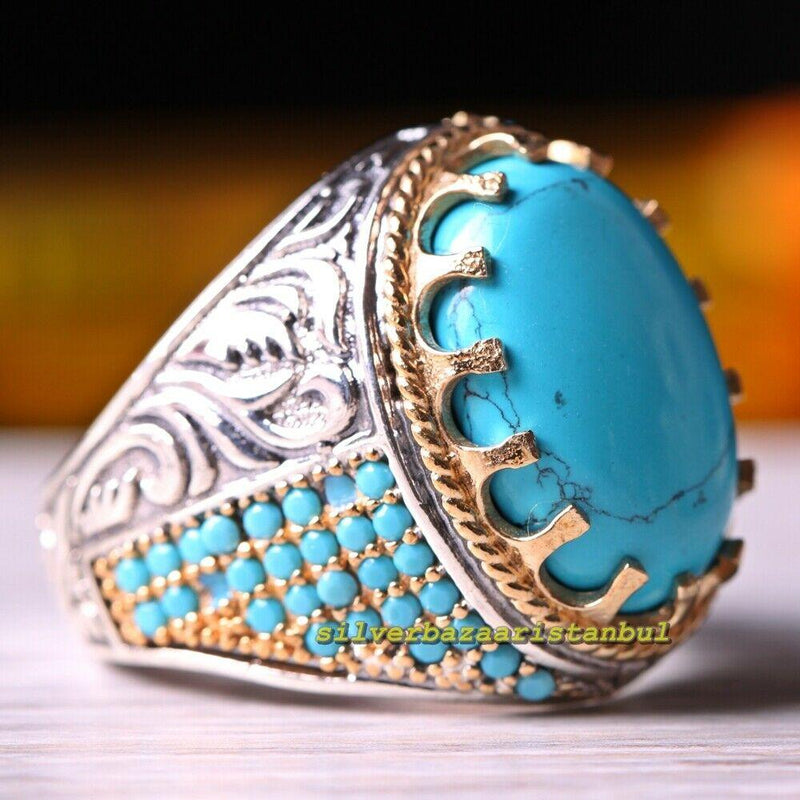 Turkish Handmade 925 Sterling Silver Relief Turquoise Stone Mens Ring silverbazaaristanbul 