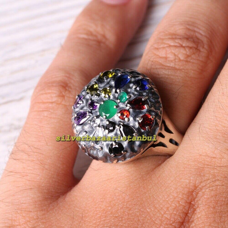 Turkish Handmade Round Multi Stones 925 Sterling Silver Mens Ring silverbazaaristanbul 