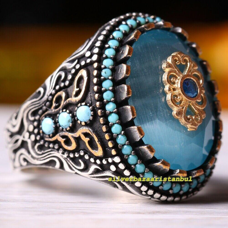 Turkish Jewelry 925 Sterling Silver Aquamarine Stone Mens Ring silverbazaaristanbul 