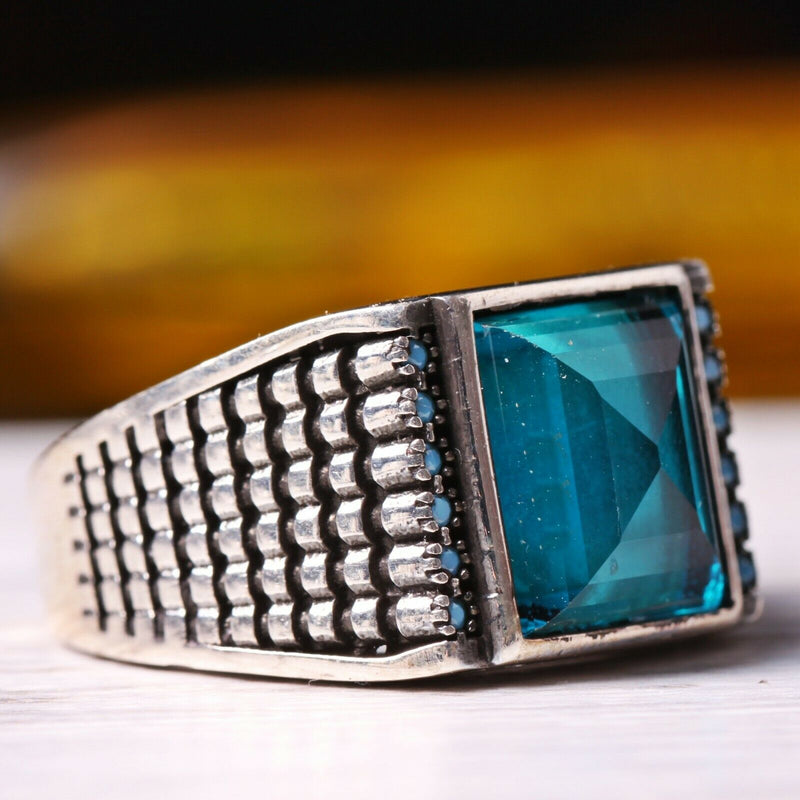 Turkish New Model Aquamarine Stone 925 Sterling Silver Mens Ring silverbazaaristanbul 