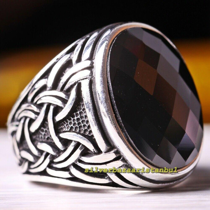 Wind Faceted Onyx Stone Turkish 925 Sterling Silver Mens Ring silverbazaaristanbul 