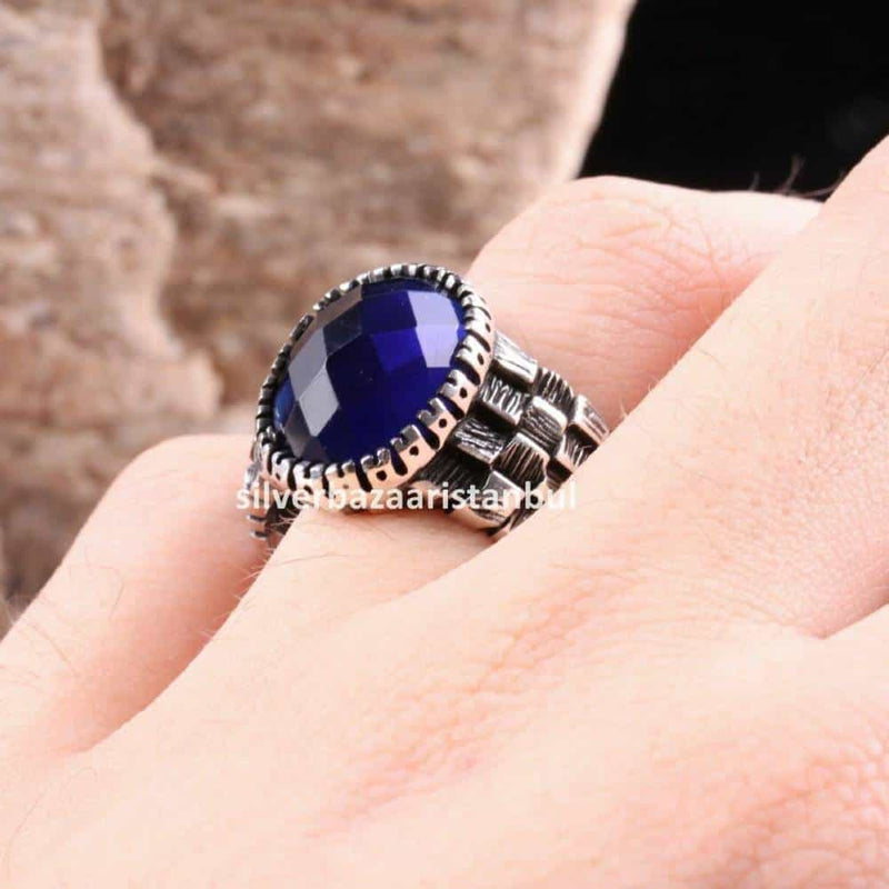 Zigzag Sapphire Stone 925 Sterling Silver Mens Ring silverbazaaristanbul 